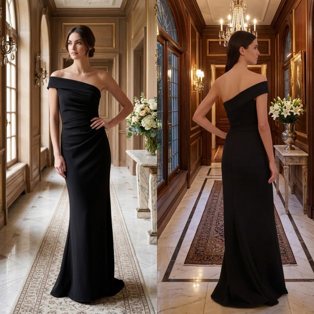 New Eliza J Black One Shoulder Ruched Gown 6 Style EJ2M0055Long Dress Scuba